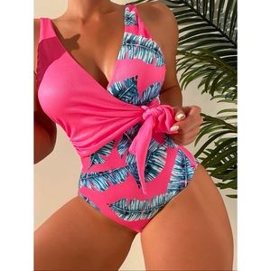 Neon Tropical Print Side Tie One Piece Swimsuit (XL)